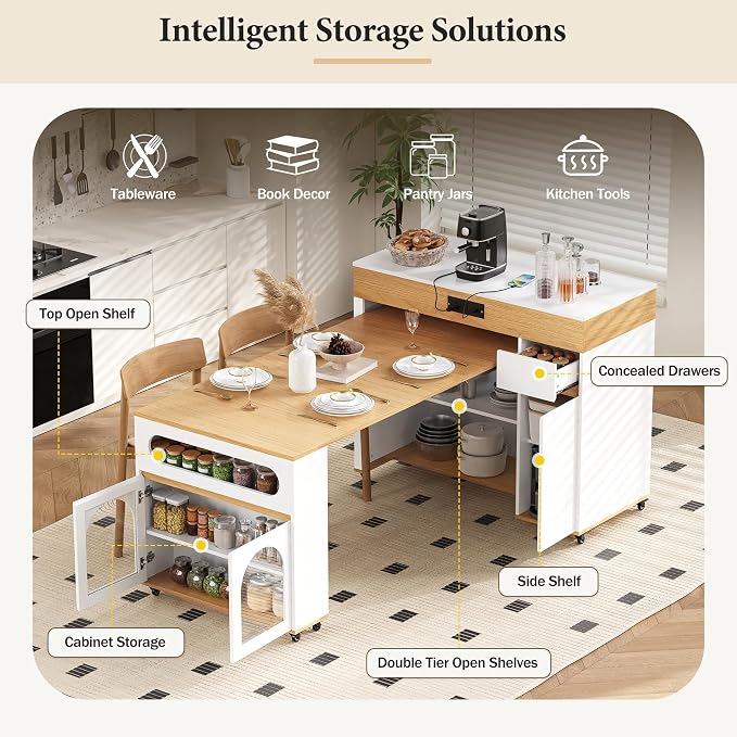 Rolling Kitchen Island with Extendable Dining Table & Power Outlet, 73.8’’ - Image 3