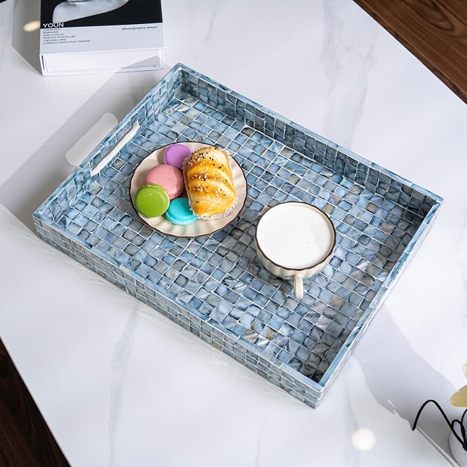 PEMAR Rectangular Mother of Pearl Serving Tray Nacre Wood Lap Ottoman Tray - Image 17
