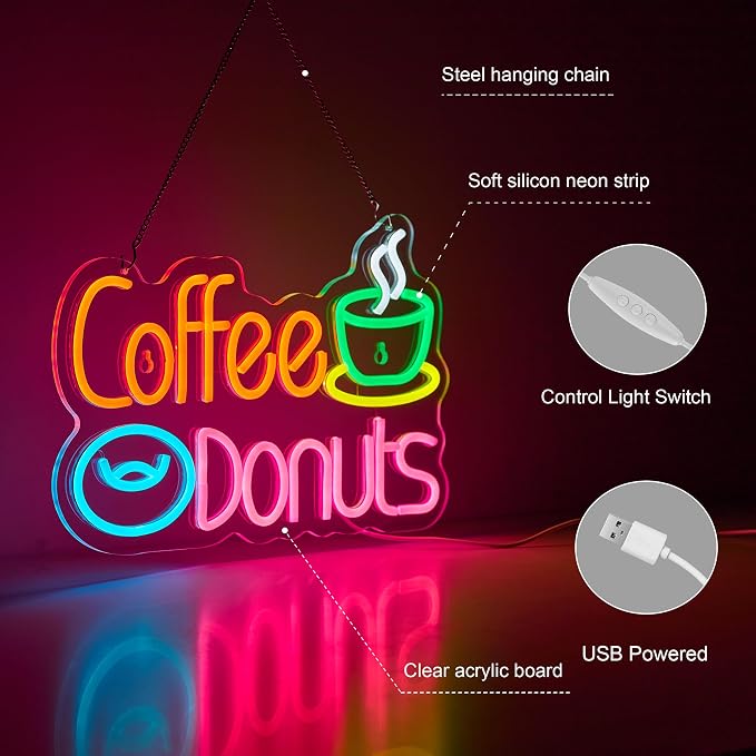 Coffee and Donuts Neon Sign for Wall Décor Dimmable LED Neon Light USB Powered - Image 4