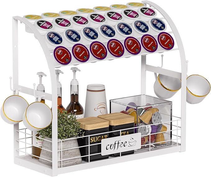 Metal K Cup Holder with Wooden Tray, 2-Tier Coffee Bar Organizer with Mug Hooks by Greatseas