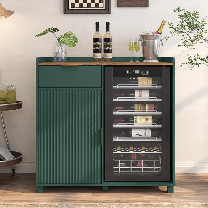 Bar Cabinet with Fridge Space&Fluted Door, Mini Fridge Cabinet with Wine Storage by serenelivingorganizedspace