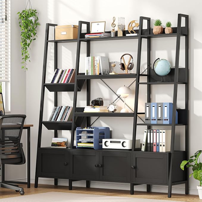 Ladder Bookshelves with 4 Doors, Triple Wide 4-Tier Large Open Bookshelf with - Image 2