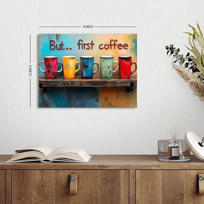 But First Coffee Canvas Wall Art Colorful Kitchen Wall Decor Rustic Abstract - Image 2