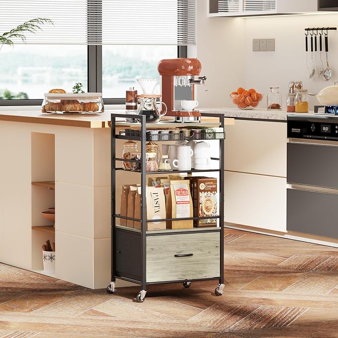 Coffee Bar Cabinet with Storage，5 Tier Coffee Station Table on Wheels, 33.6" H - Image 6