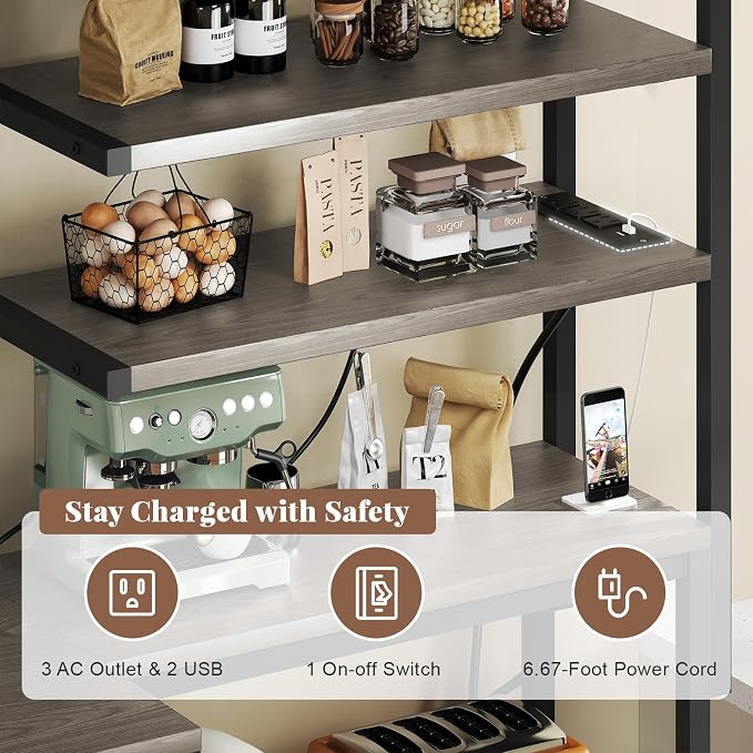 L-Shaped Bakers Rack with Power Outlets, 6-Tier Microwave Stand with Hooks - Image 5