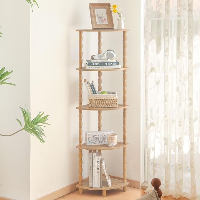 MaxSmeo Corner Bookshelf, 5-Tier Corner Shelf Stand, Modern Corner Plant Shelves - Image 5