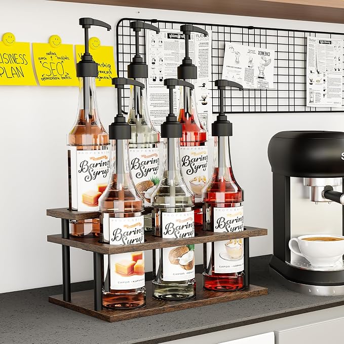 KLM Coffee Syrup Organizer, 2 Tier Wooden Small Display Shelf, Syrup Bottle - Image 2