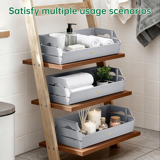 HABAU Set of 3 Large Rustic Wooden Crates, Stackable Storage Basket - Image 6