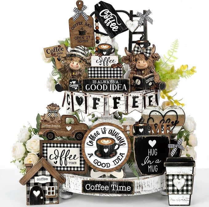 Mifoci 23 Pcs Coffee Tiered Tray Decorations Highland Cow Wooden Farmhouse by Mifoci