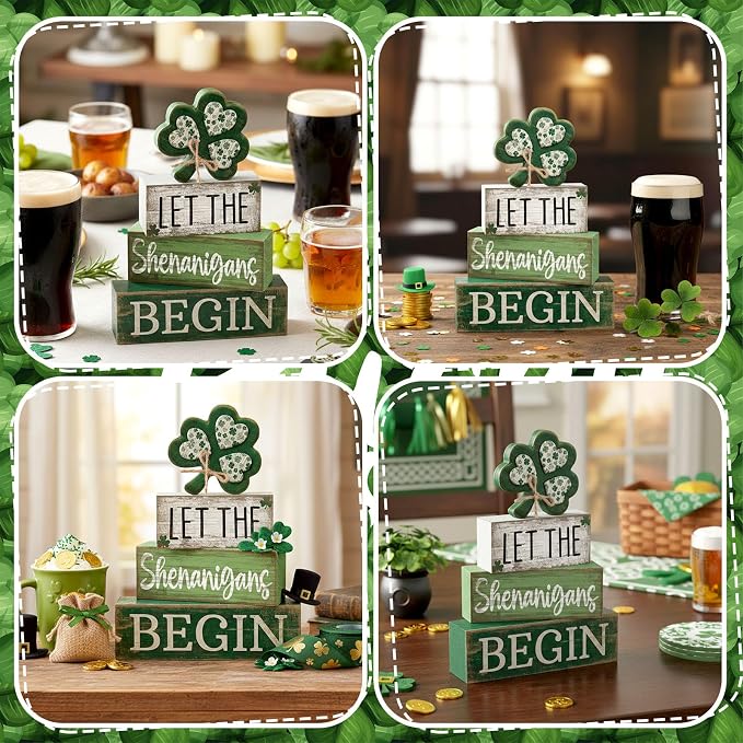 Lineshading 4 Pcs St Patricks Day Table Decor Wooden Shamrocks St Patrick's Day - Image 6