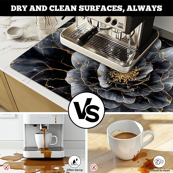 NYZE Coffee Bar Mat for Countertop Absorbent Non Slip Dish Drying Mat Black - Image 4