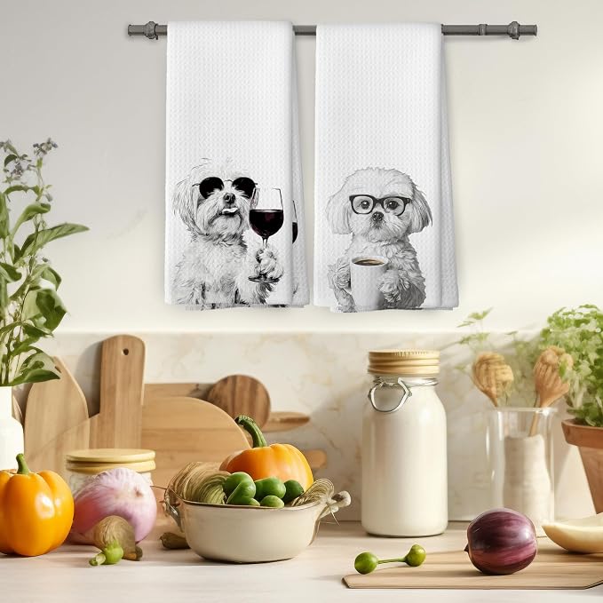 Funny Maltese Kitchen Towels Set of 2, Funny Dog Kitchen Accessories, Coffee - Image 4