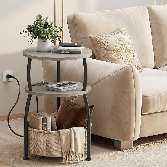 Round Side Table with Charging Station, USB Type C Port, Greige | End Table - Image 5