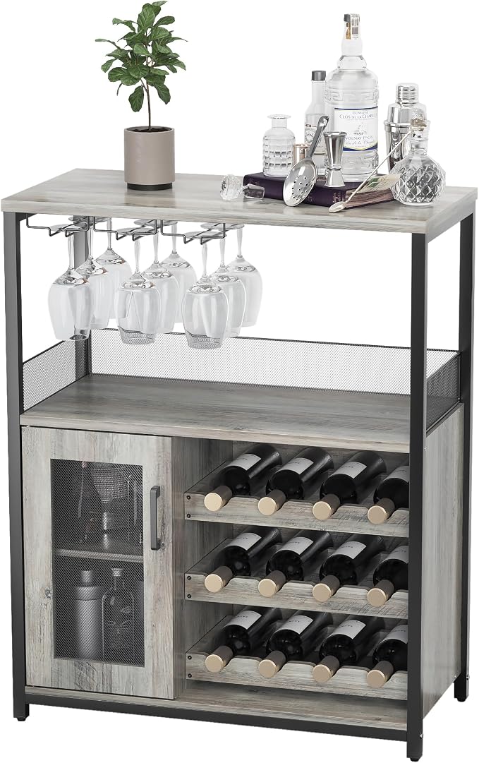 Jojoka 3 Tier Wine Bar Cabinet, Adjustable Storage, Liquor Rack, Glass Holder - Image 8