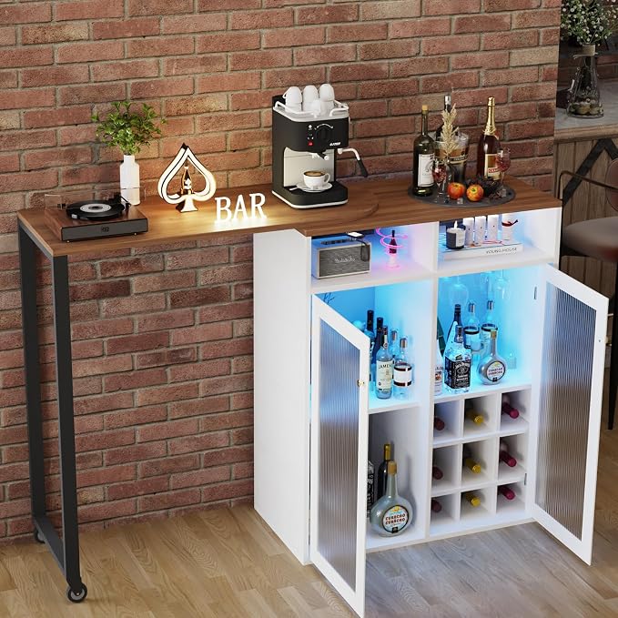Home Bar Unit with Charging Station & Lights & Storage Mini Corner Bar Table - Image 2