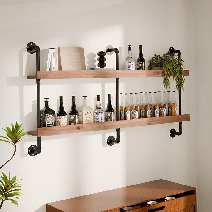 Industrial Wine Rack Wall Mounted, Solid Wood Shelf by Anynice