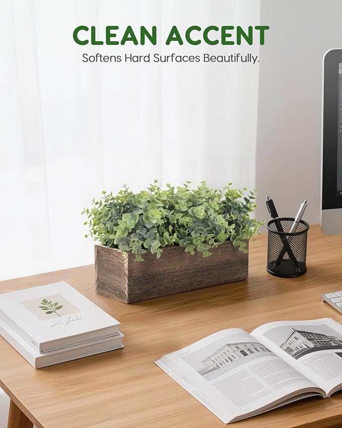 Velener 14" Artificial Eucalyptus Plants in Rustic Rectangular Wooden Planter - Image 7