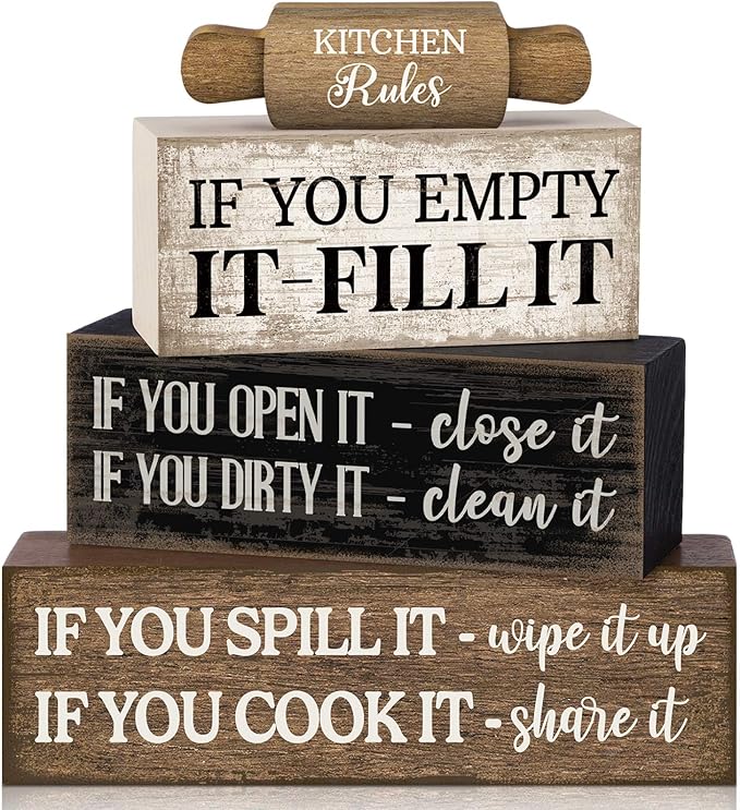 Moucuny 4 Pcs Rustic Wooden Table Decor Farmhouse Kitchen Rules Wood Sign Black by Moucuny