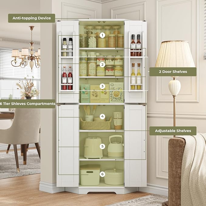 IRONCK Corner Cabinet, 6-Tier Freestanding Farmhouse Pantry - Image 3