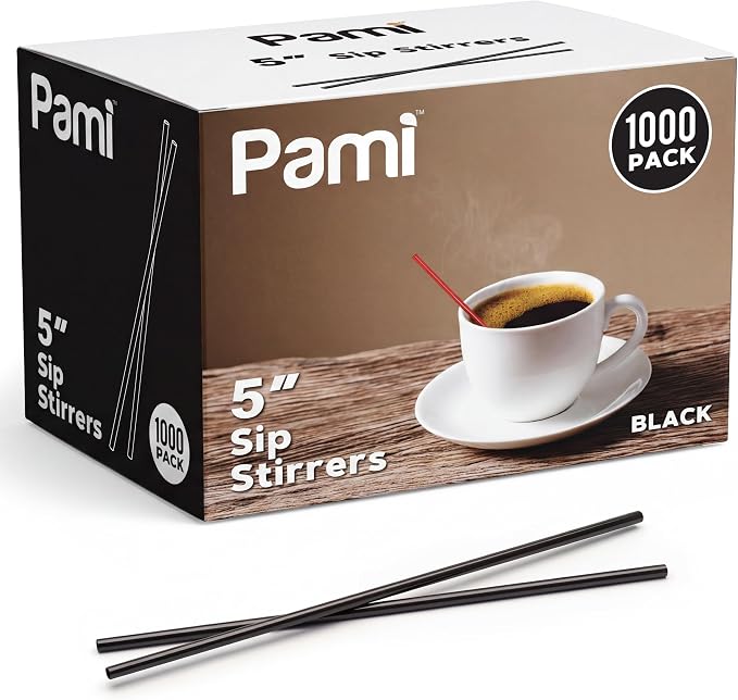 PAMI 1000 Black Stir Straws 5in Disposable Plastic Coffee Stirrers Swizzle by PAMI