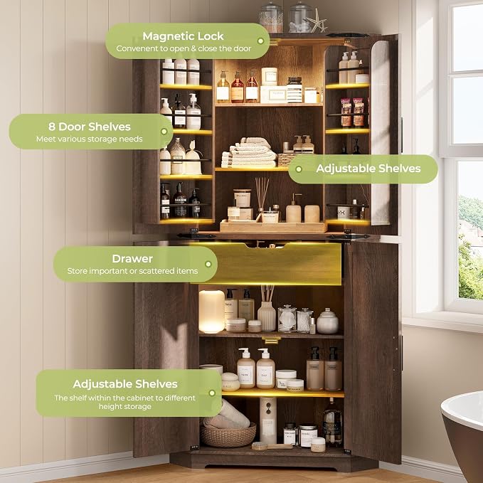 Dripex 71" Corner Cabinet Brown, Farmhouse Kitchen Pantry Cabinet - Image 4