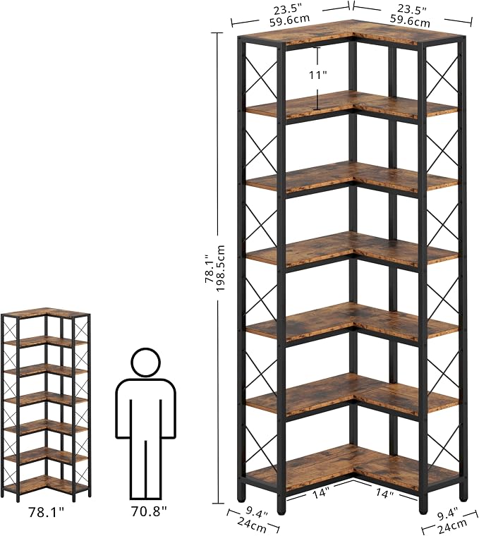 IRONCK Corner Bookshelf, 7-Tier Industrial Corner Bookcase, Tall Corner Shelf - Image 2