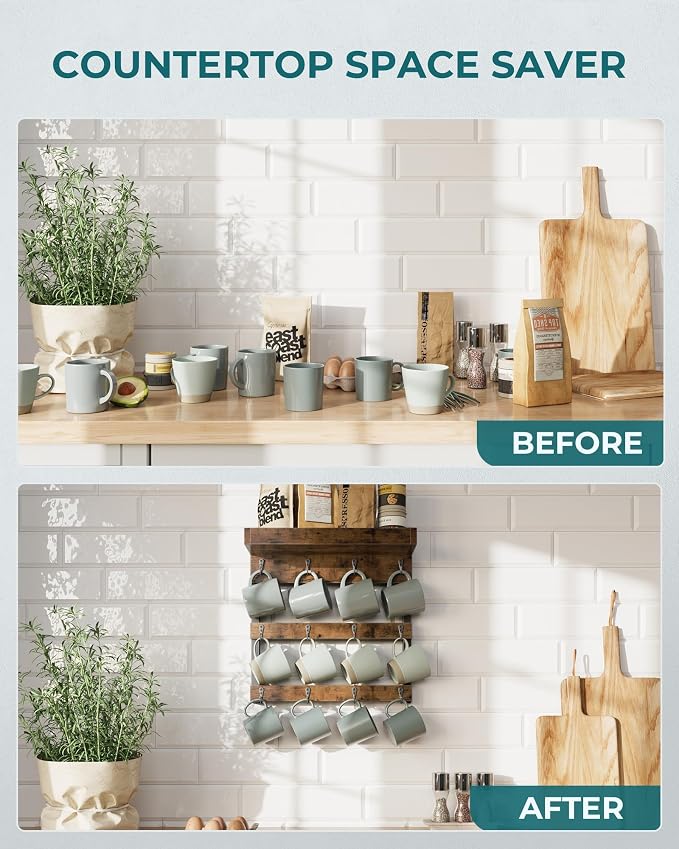 OROPY Coffee Mug Rack Wall Mounted, Rustic Wood Cups Rack - Image 7
