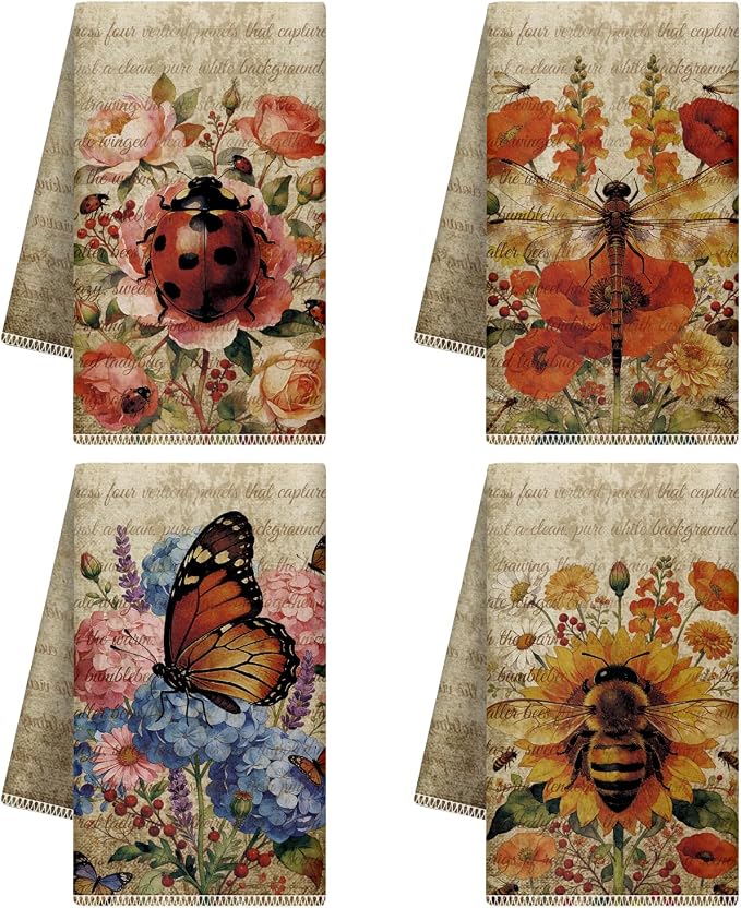 CUTHOLLOW Retro Butterfly and Flower Decorative Kitchen Towels Set of 4 by CUTHOLLOW