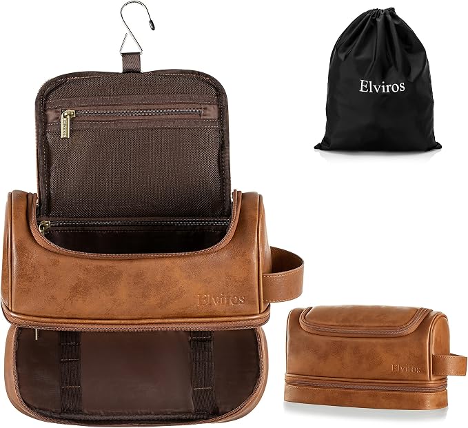 Elviros Toiletry Bag for Mens PU Leather Travel Organizer Kit by Elviros