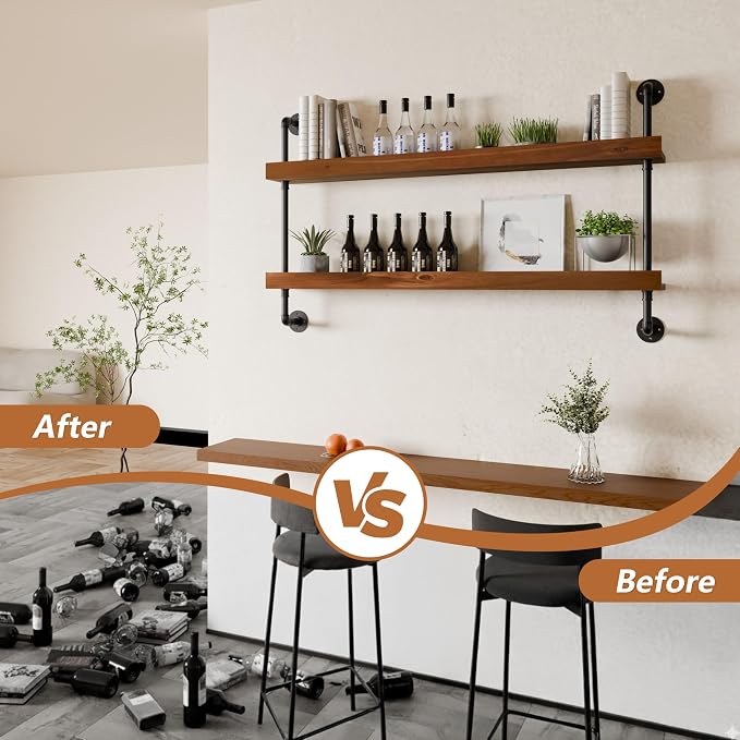 Wall Mounted Wine Rack with LED Light, LED Industrial Pipe Wine Shelf, 2-Tier - Image 8