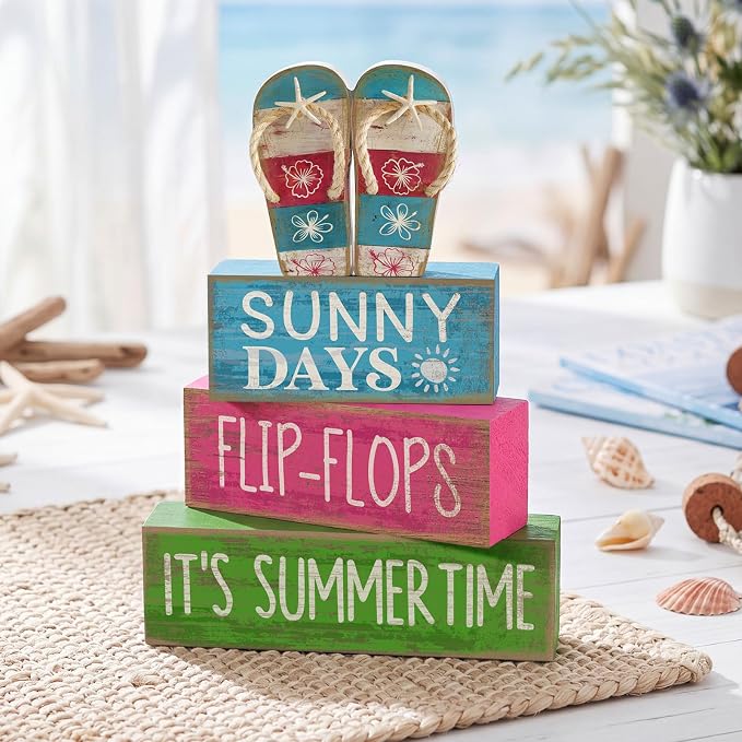 Lineshading 4 Pcs Summer Table Decorations Wooden Flip-flop Stacked Block Decor - Image 3