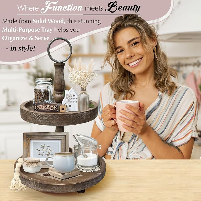 Premium Rustic Round 2 Tier Tray Stand - Image 2