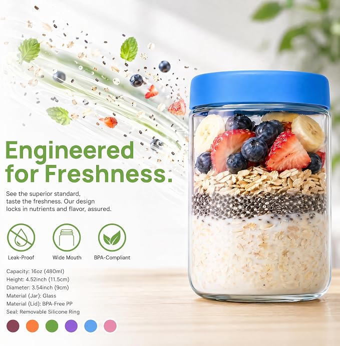 EONJOE 16oz Glass Jars for Overnight Oats Snacks Salad Yogurt Pudding Cereal - Image 3