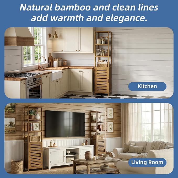 HITNET Bathroom Cabinet, Bamboo Floor Cabinet Freestanding Narrow Storage Unit - Image 8