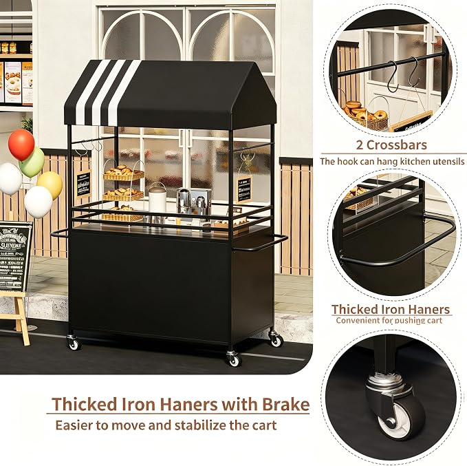 Portable Vendor Cart with Canopy, Outdoor Mobile Food Cart with Wheels - Image 6