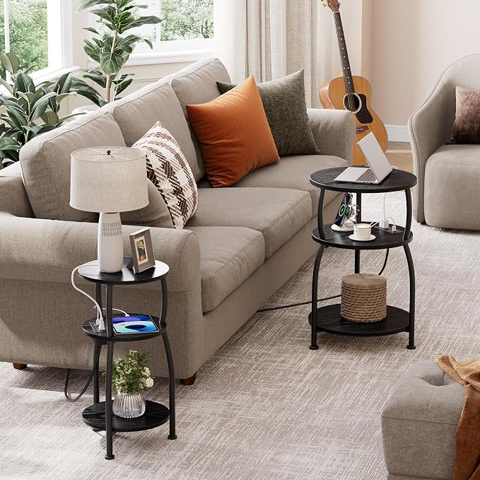 Round Side Table with Power Outlet & USB Ports, 3-Tier End Table with Storage - Image 7