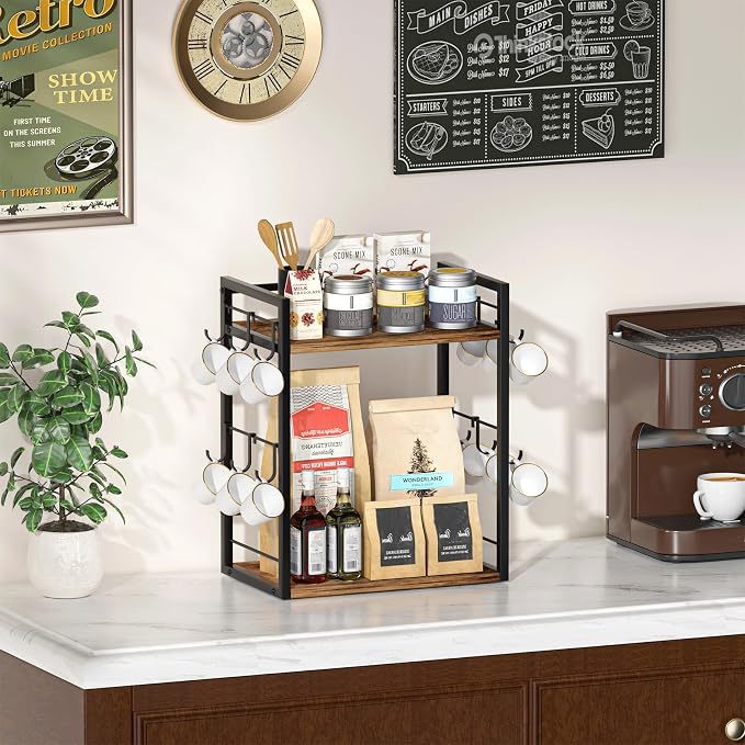 Dorhors 2 Tier Coffee Bar Accessories and Organizer, Wood Coffee Station - Image 2