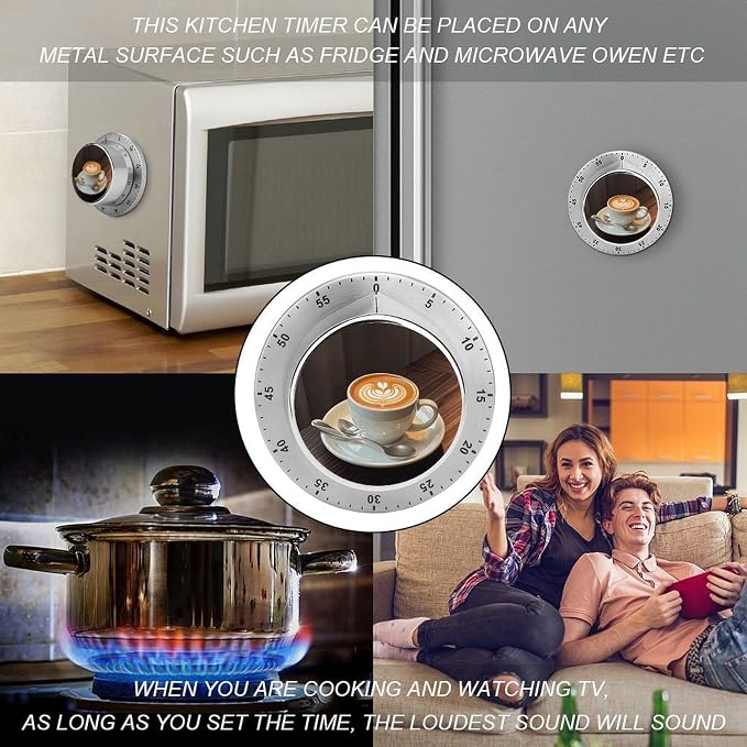 Coffee Cups Kitchen Timers for Cooking 60 Minute Wind Up Timer, Magnetic Back - Image 4
