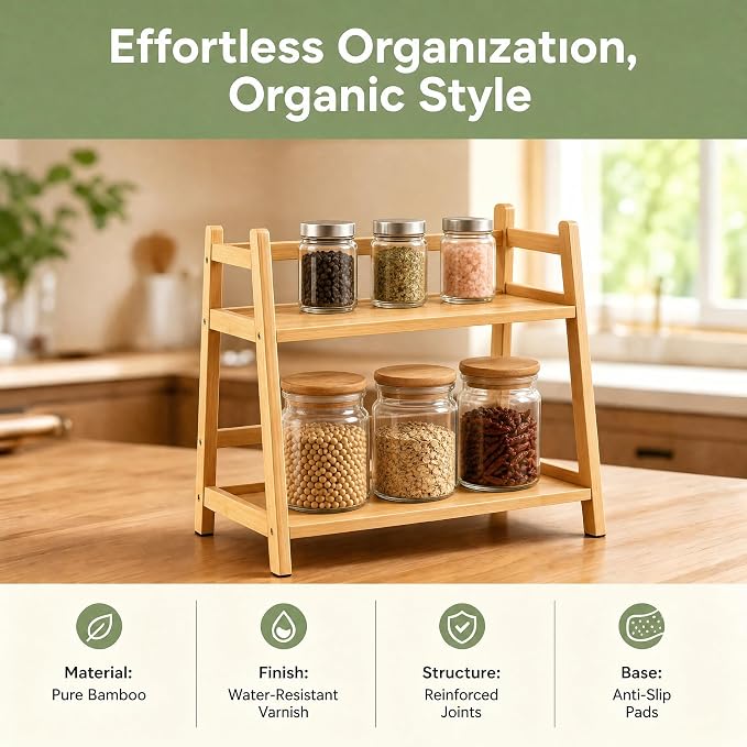 2-Tier Bamboo Matcha Station Organizer, Trapezoidal Shelf - Image 3