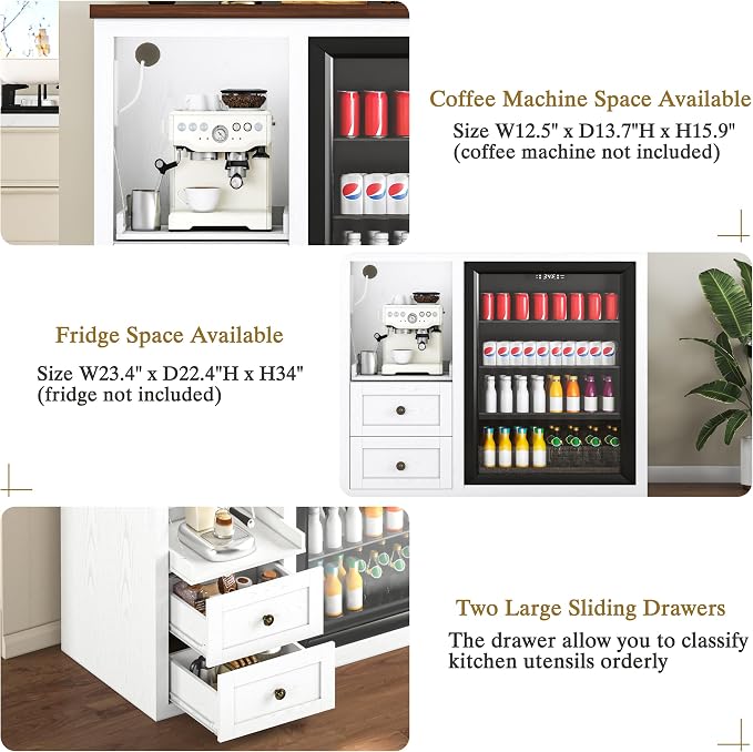 47.2" Coffee Bar Cabinet with Fridge Space, Farmhouse Mini Fridge Cabinet with - Image 3