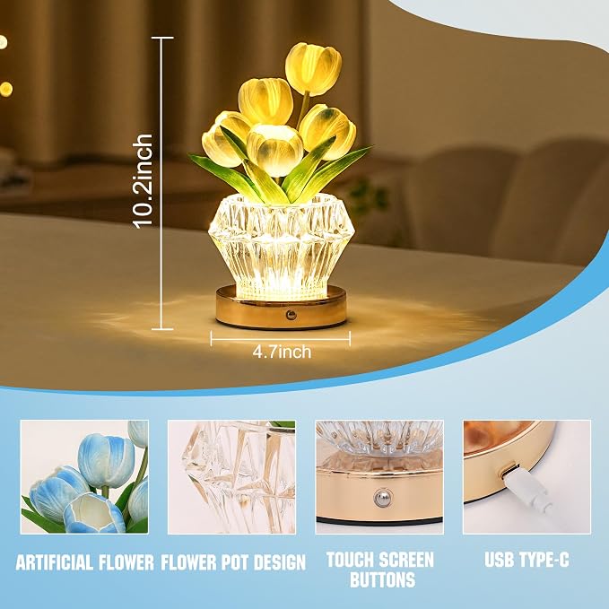 Blue Tulip Flower Lamp Diamond Vase, 3 Color Night Light Dimmable Touch Control - Image 4