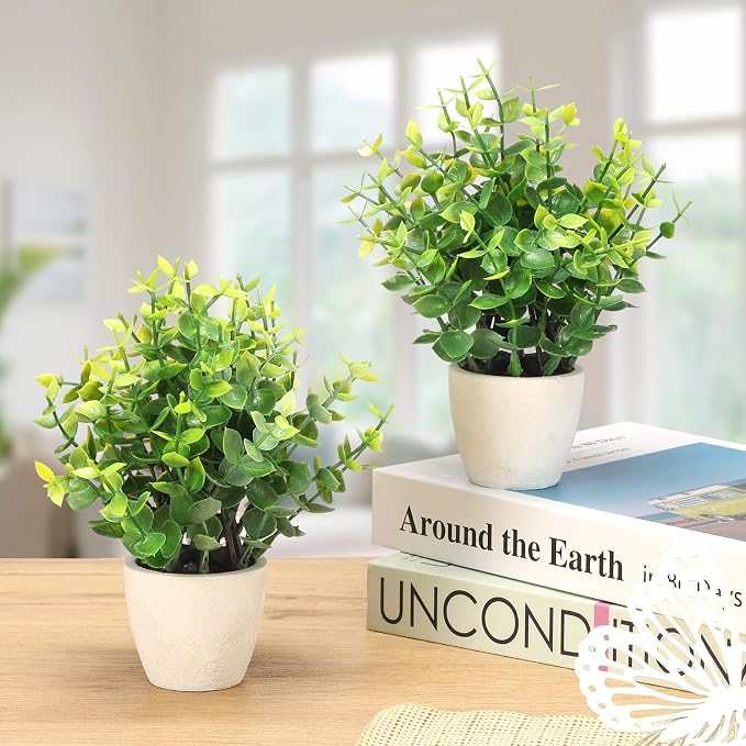 FAVOWREATH 2 Pack Fake Plants Ceramic Mini Artificial Greenery Potted Plants - Image 2