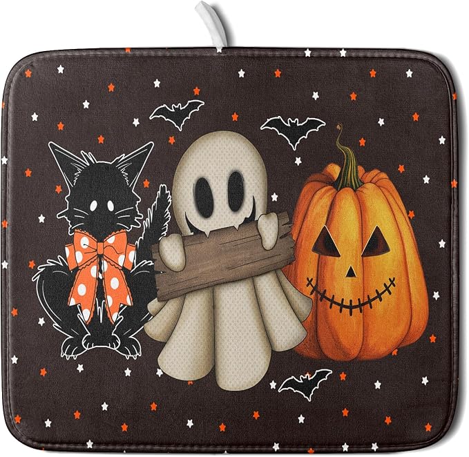Giwawa 16"x18" Halloween Dish Drying Mat Spooky Pumpkin Ghost Black Cat Bats by Giwawa