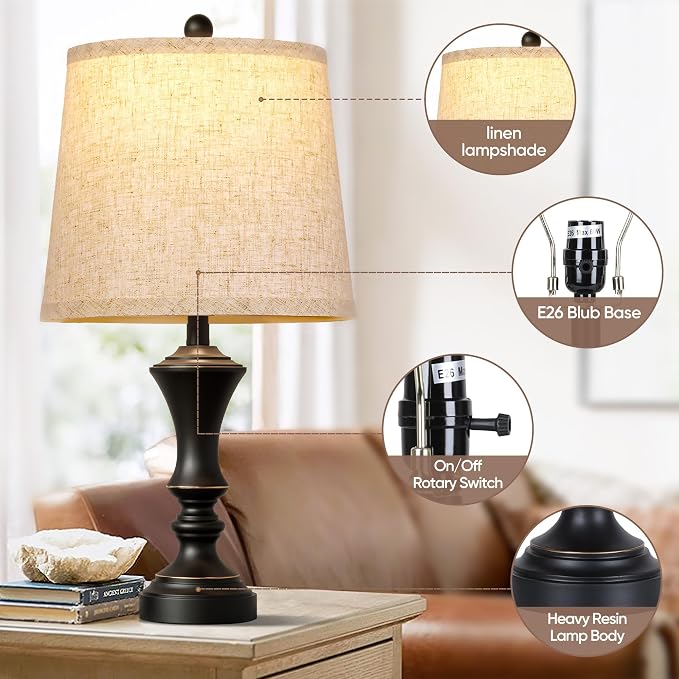 ROTTOGOON Retro Table Lamps Set of 2, Nightstand Lamp - Image 3