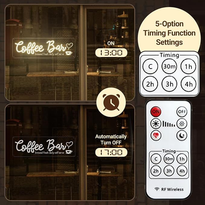Coffee Bar Neon Sign with Timer Remote Dimmer, Warm White LED Coffee Light - Image 4