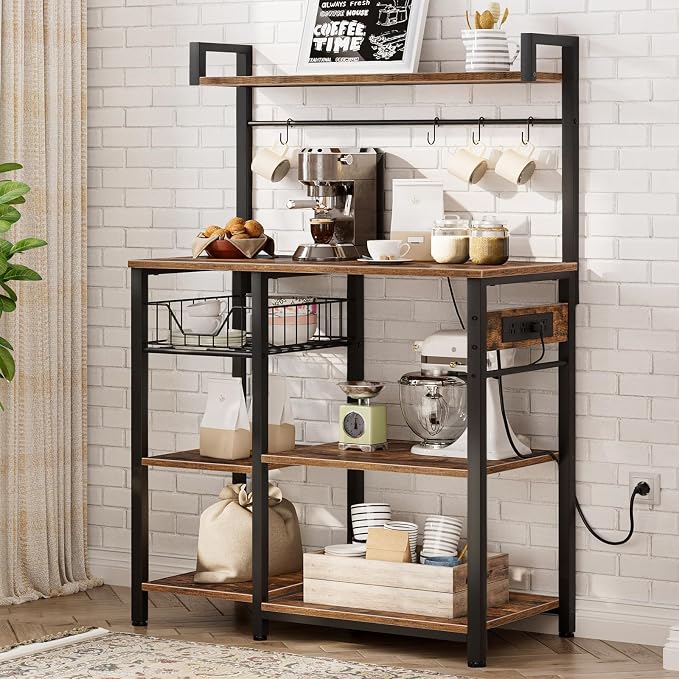 HOOBRO Bakers Rack with Power Outlet, 35.4 Inches Coffee Bar with Mesh Basket - Image 2
