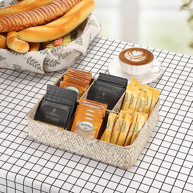 Hipiwe 4-Section Tea Bag Basket Organizer Coffee Pod Sugar Packet Holder Wicker - Image 2