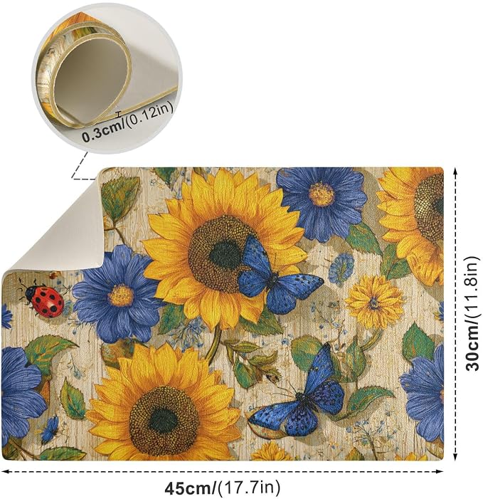 Beige Sunflower Butterfly Ladybug Coffee Mat Coffee Bar Maker Backed Absorbent - Image 3