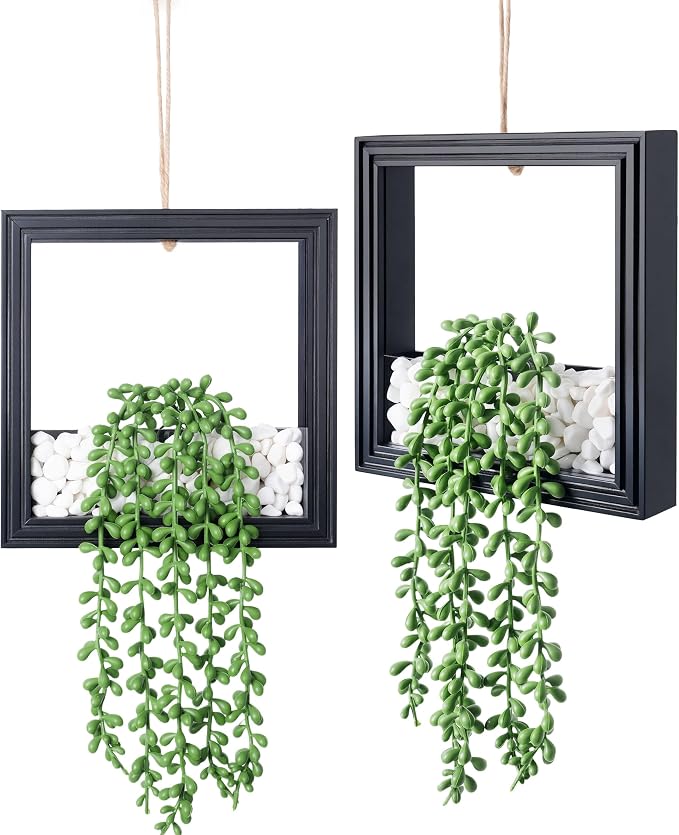 2 Pack Fake Plants Hanging, Artificial Succulents Plants in Square Wooden Frame by FancyPlus