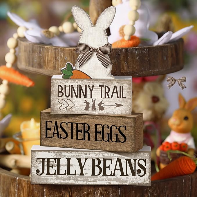 Lineshading 4 Pcs Easter Table Decoration Wooden Rabbit Easter Day Tiered Tray - Image 3